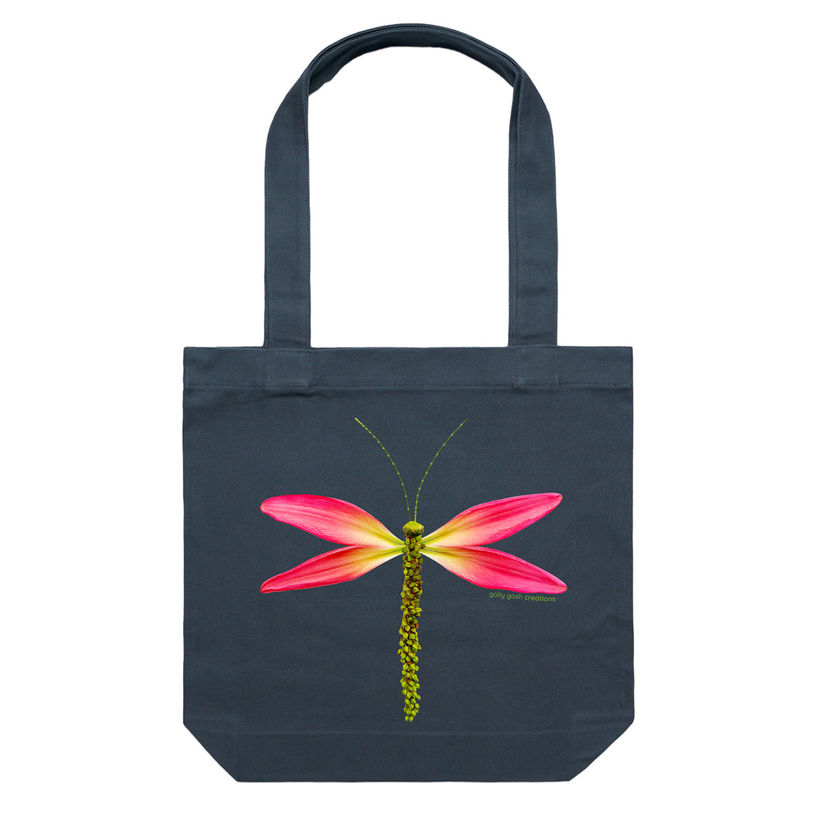 A lily dragonfly cotton canvas tote bag from Golly Gosh Creations. Handcrafted from elongated pink lily petals. Colour dark blue.