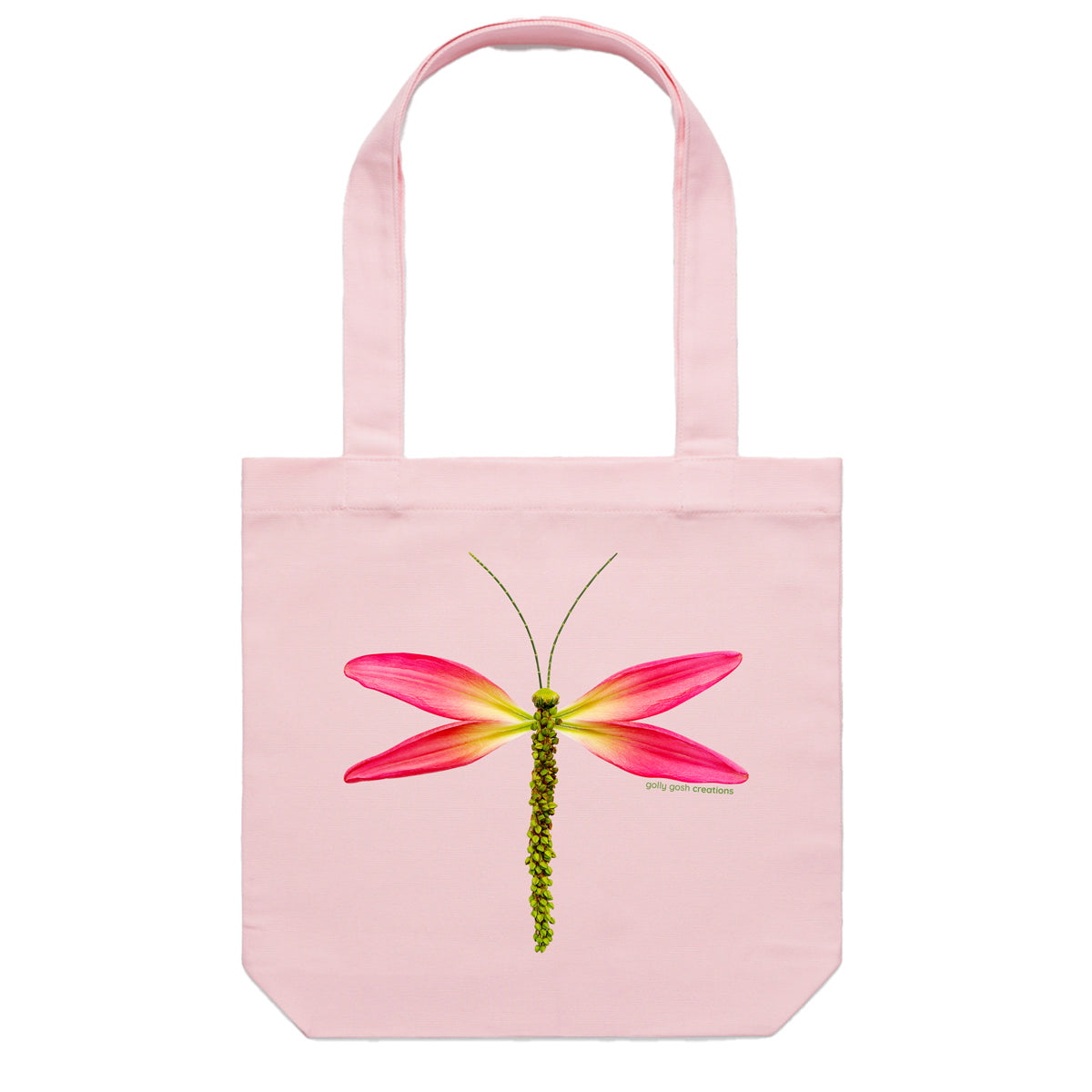 A lily dragonfly cotton canvas tote bag from Golly Gosh Creations. Handcrafted from elongated pink lily petals. Colour pink.