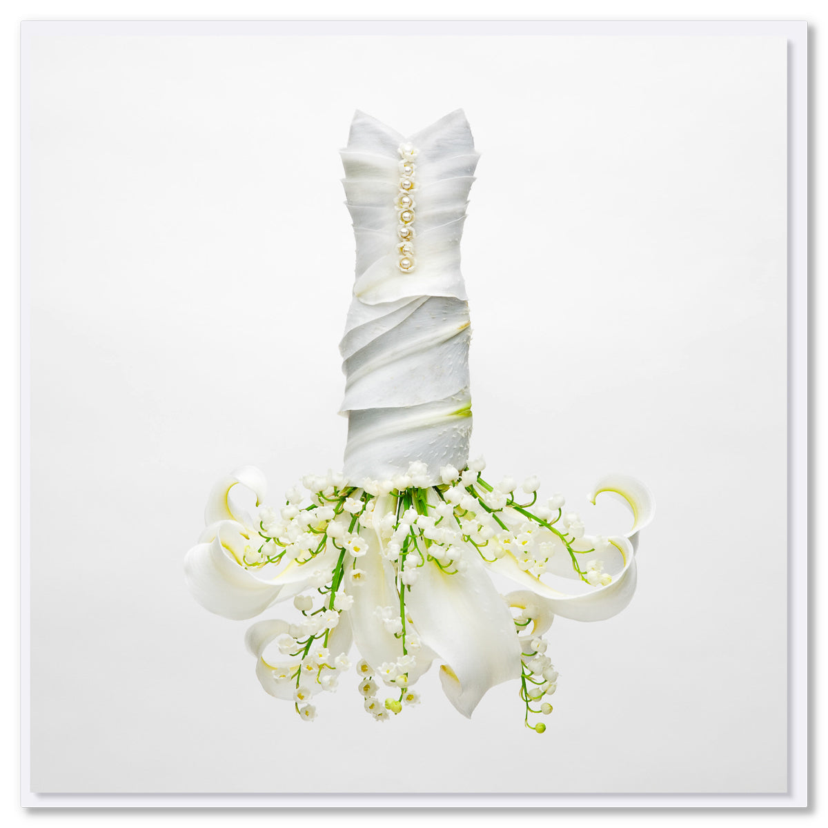 An elegant lily of the valley dress greeting card from Golly Gosh Creations. Size 142 x 142 mm. Created form  lily of the valley flowers and white lilies.