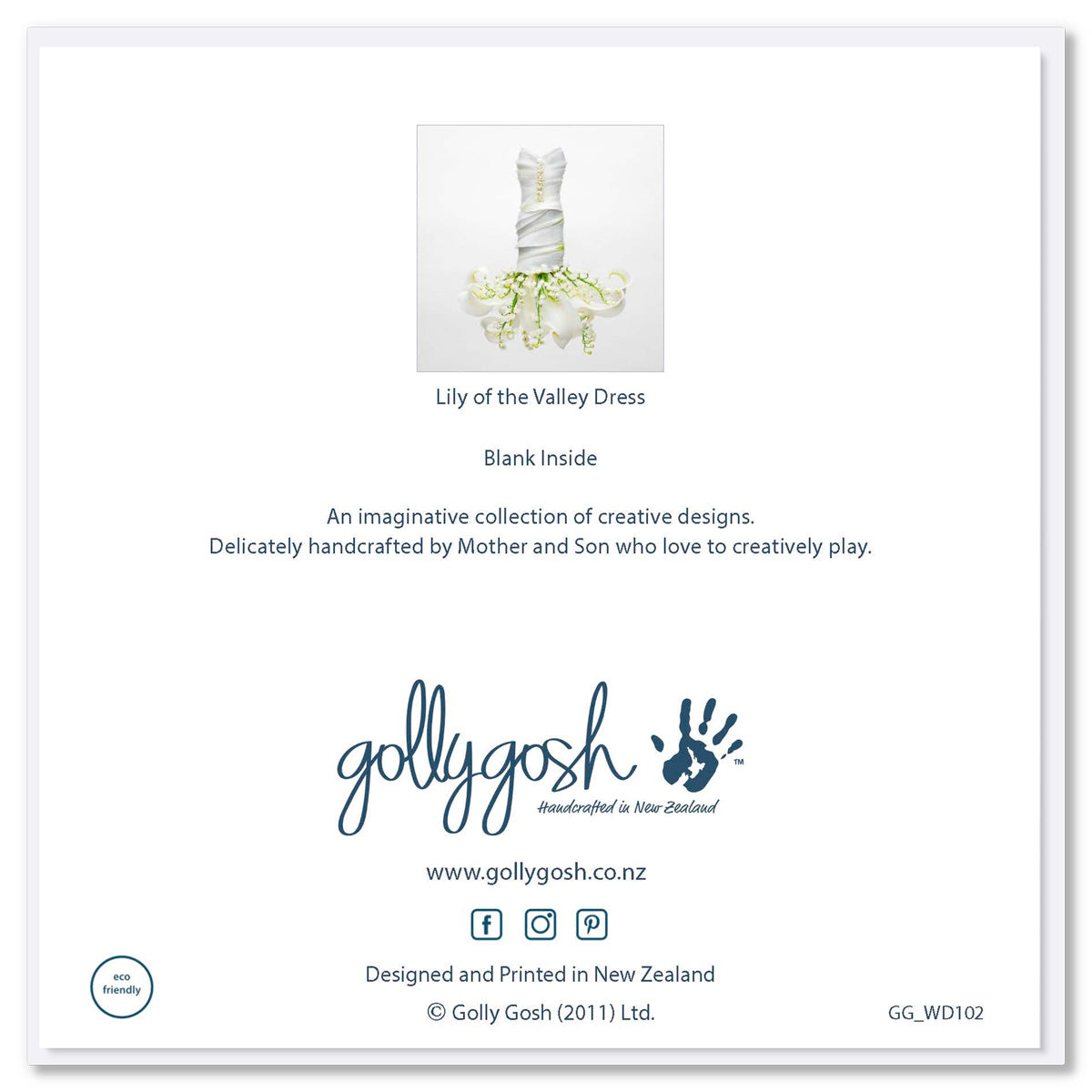 Back cover of a pretty lily of the valley dress greeting card from Golly Gosh Creations. Size 142 x 142 mm.