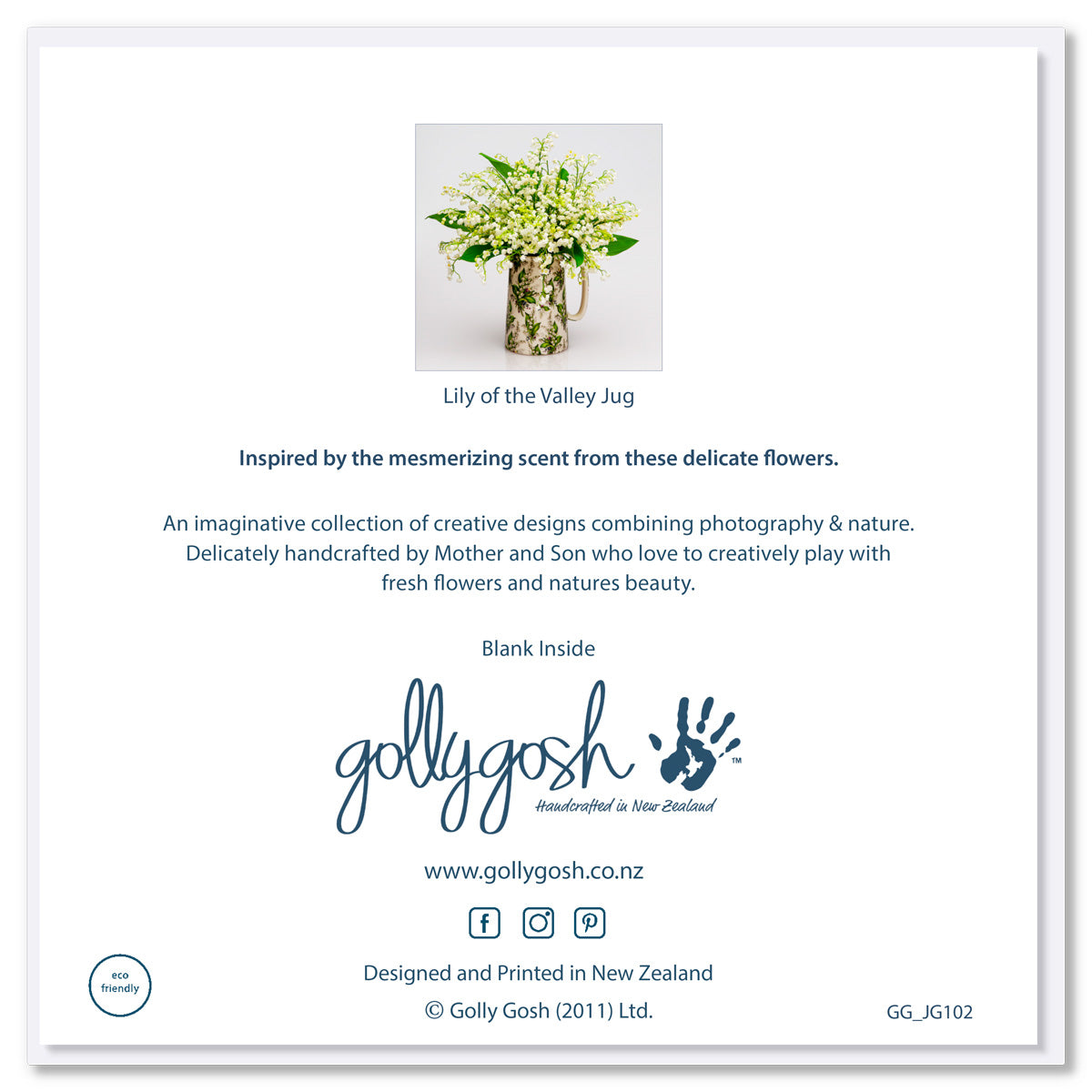 Back of a lily of the valley jug greeting card from Golly Gosh Creations. Size 142 x 142 mm