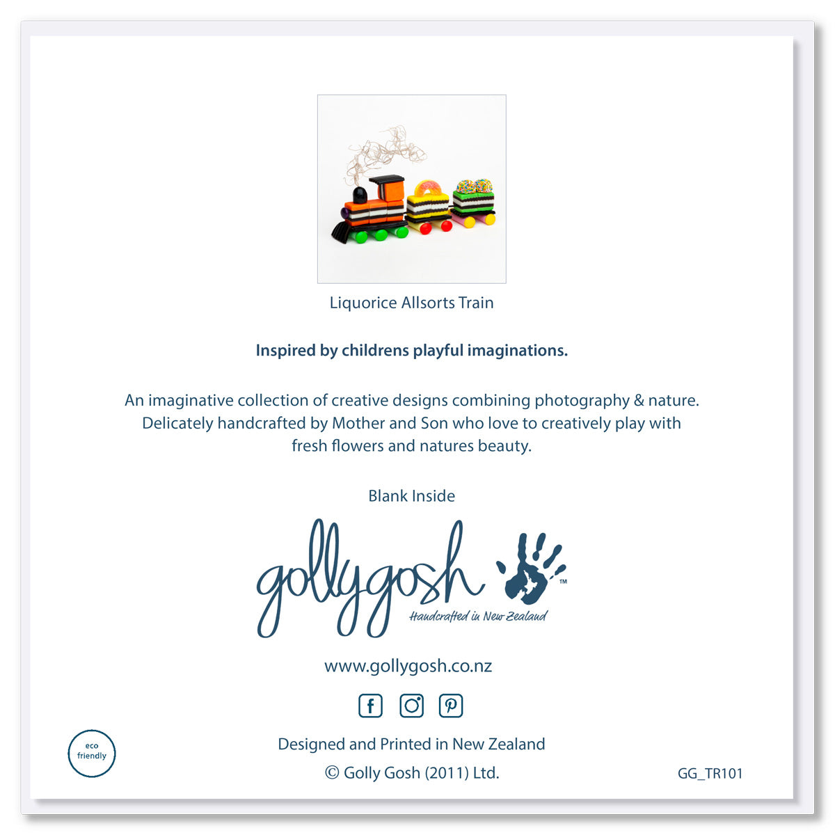 Back of a liquorice allsorts train greeting card from Golly Gosh Creations. A fun card created from sweet confectionery. Size 142 x 142 mm.