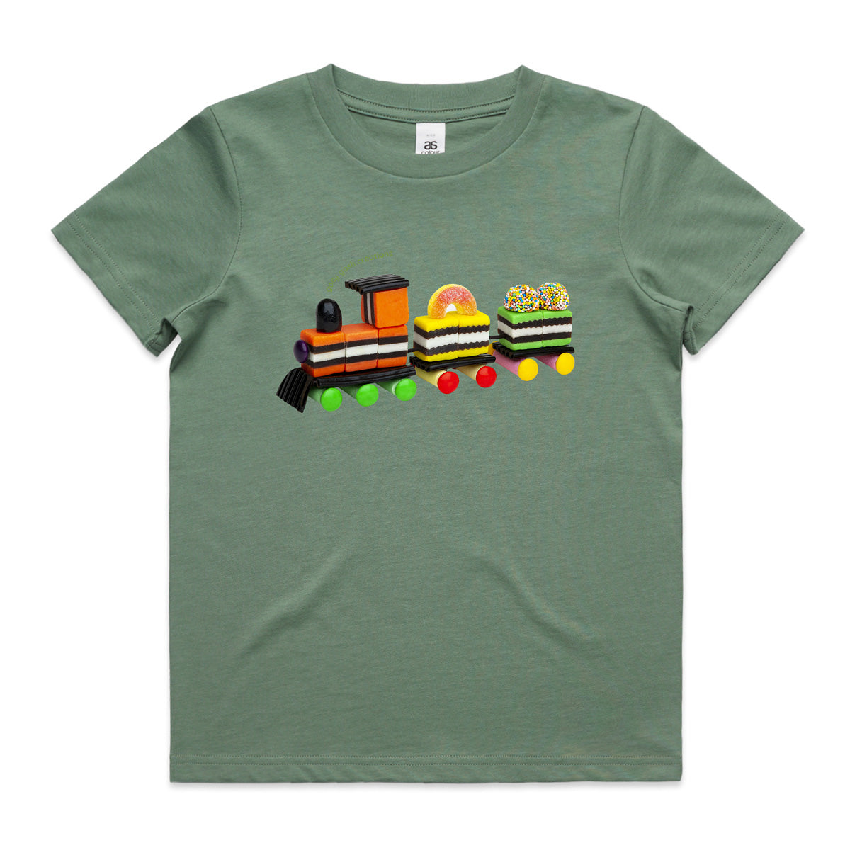 A liquorice allsorts train soft sage kids tee shirt from Golly Gosh Creations. Size 2 - 16 years. Created from sweet confectionery. A quality cotton garment.