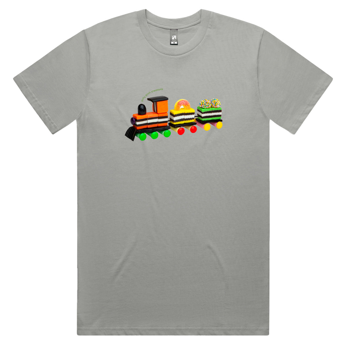A liquorice allsorts train men's tee shirt from Golly Gosh Creations. Crafted from sweet confectionery. Sizes S - 5XL. A quality cotton grey tee shirt.