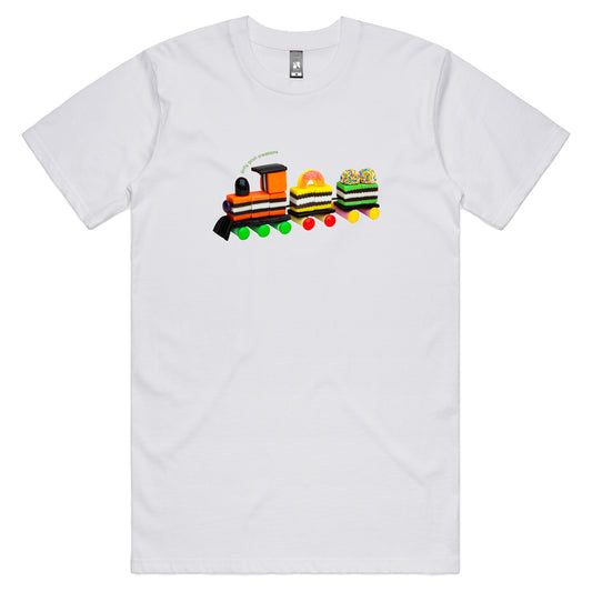 A liquorice allsorts train men's tee shirt from Golly Gosh Creations. Crafted from sweet confectionery. Sizes S - 5XL. A quality cotton white tee shirt.