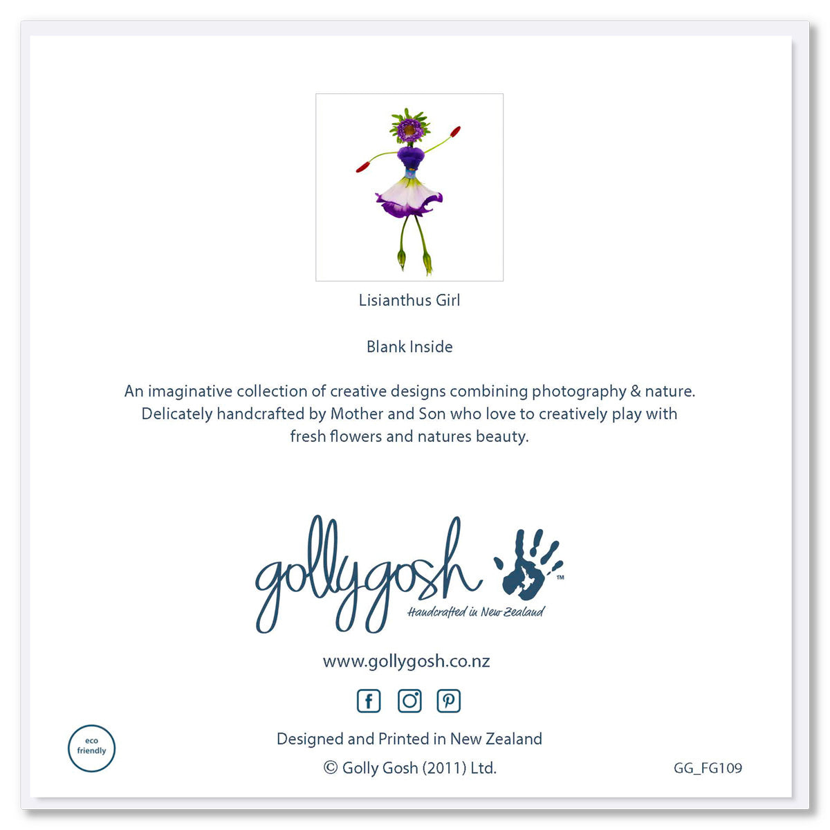 Back of a lisianthus girl greeting card from Golly gosh Creations. Size 142 x 142 mm. An elegant card created from delicate lisianthus petals.