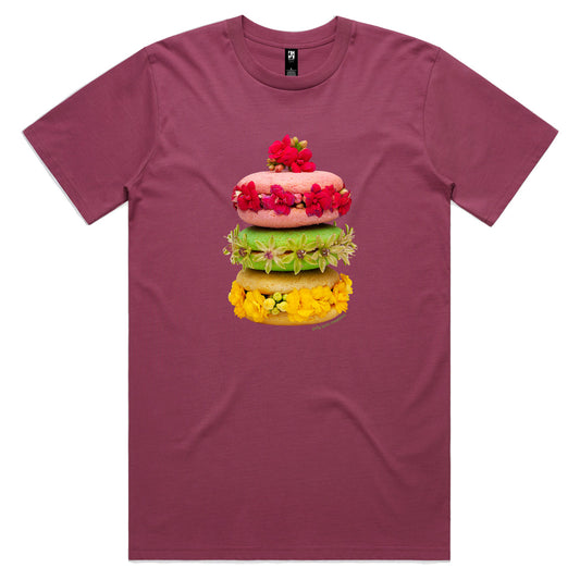 A macaroon stack berry coloured men's tee shirt from Golly Gosh Creations. Handcrafted from dainty flowers. Sizes XS - 2XL. Quality cotton.