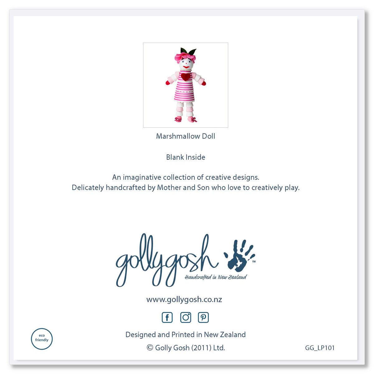 Back cover of a marshmallow doll greeting card from Golly Gosh Creations. Size 142 x 142 mm. A sweet card created from an assortment of marshmallows.