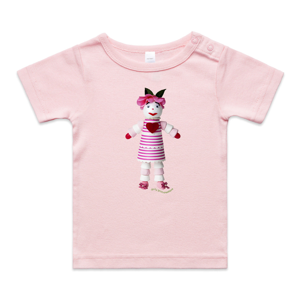 A marshmallow doll wee tee from Golly Gosh Creations. This organic cotton garment comes in sizes 0 - 24 months. Colour pink. Crafted from sweet treats.