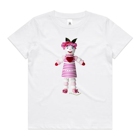 A marshmallow doll white kids tee shirt from Golly Gosh Creations. Size 2 - 16 years. Created from sweet treats. A quality cotton garment.