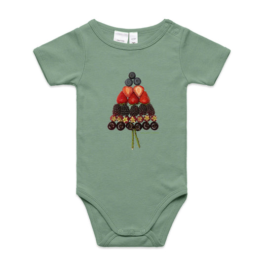 A cute mixed berry christmas tree babygrow from Golly Gosh Creations. A quality sage cotton garment available from 0 - 24 months. Created from fresh berries.