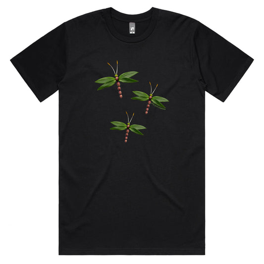 An olive dragonflies men's tee shirt from Golly Gosh Creations. Crafted from fresh olives and leaves. Sizes S - 5XL. A quality cotton black tee shirt.