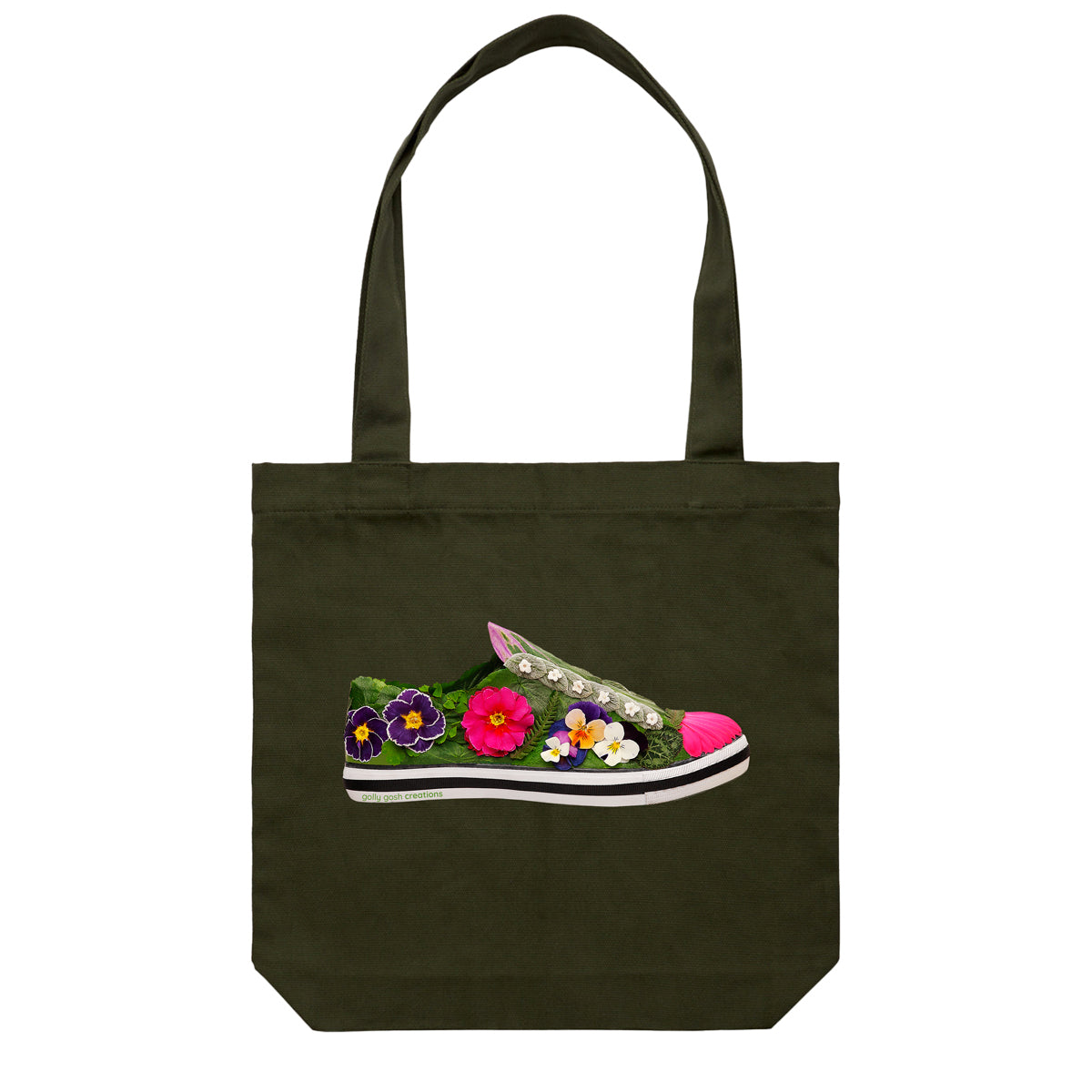 This pansy shoe cotton canvas tote bag from Golly Gosh Creations, is created with colourful dainty pansies, and various green leaves. Colour dark green.