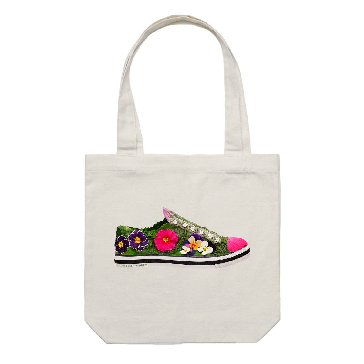 This pansy shoe cotton canvas tote bag from Golly Gosh Creations, is created with colourful dainty pansies, and various green leaves. Colour cream.