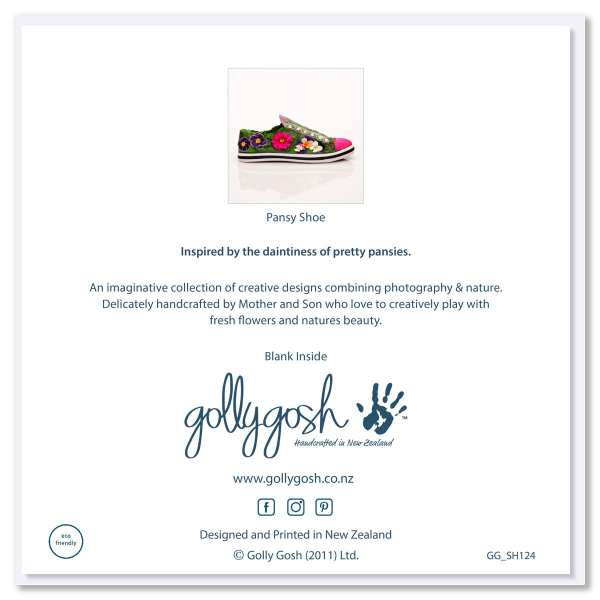 Back cover of a pansy shoe greeting card from Golly Gosh Creations. This colourful card is 142 x142 mm.