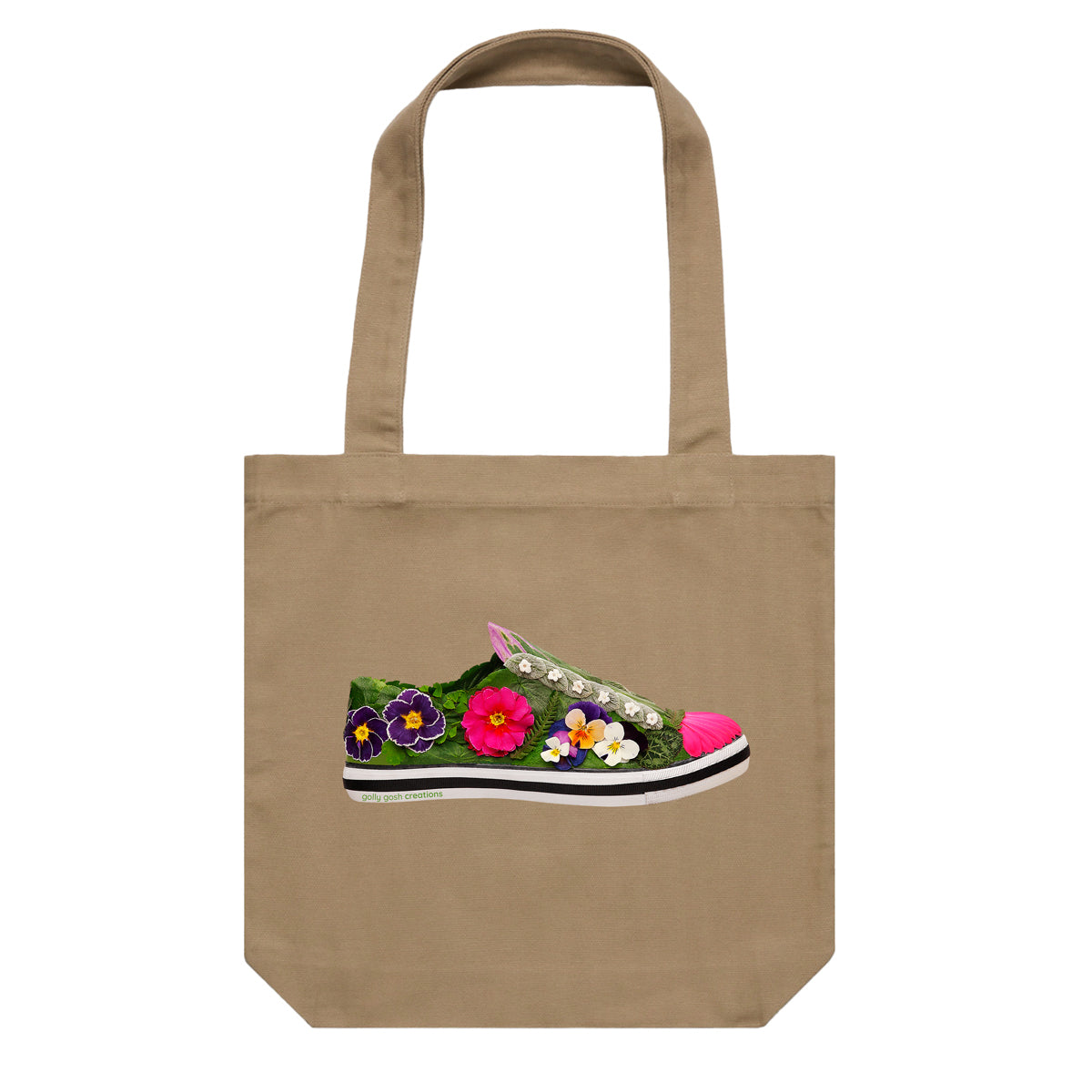 This pansy shoe cotton canvas tote bag from Golly Gosh Creations, is created with colourful dainty pansies, and various green leaves. Colour khaki.