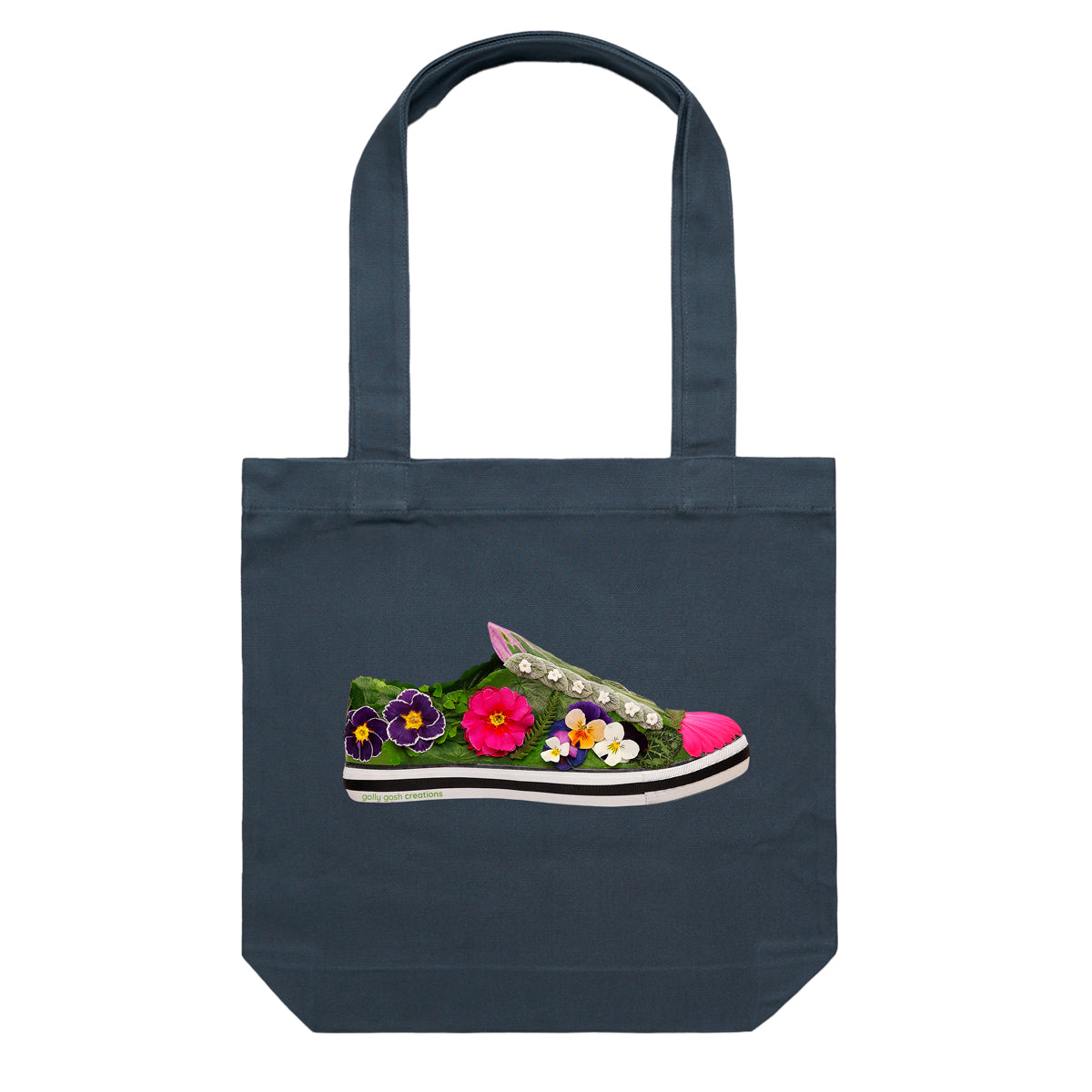 This pansy shoe cotton canvas tote bag from Golly Gosh Creations, is created with colourful dainty pansies, and various green leaves. Colour dark blue.
