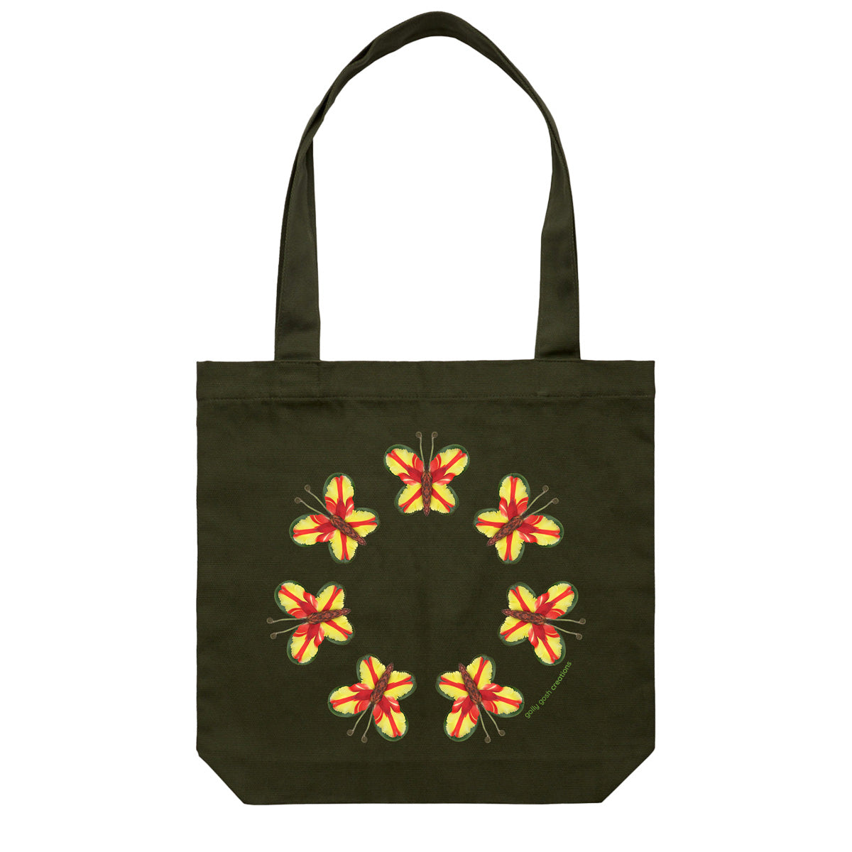 A pretty parrot butterflies cotton canvas tote bag from Golly Gosh Creations. Crafted from colourful leaves. Colour dark green.
