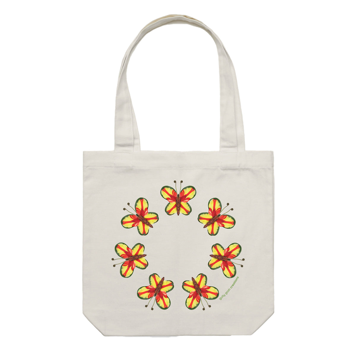 A pretty parrot butterflies cotton canvas tote bag from Golly Gosh Creations. Crafted from colourful leaves. Colour cream.