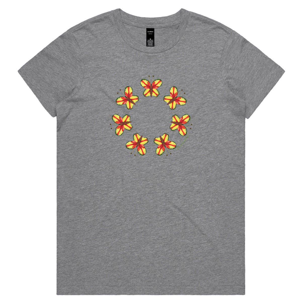 A pretty parrot butterflies woman's grey tee shirt from Golly Gosh Creations. Crafted from colourful leaves. Sizes XS - 2XL. Quality cotton.