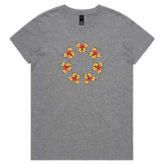 A pretty parrot butterflies woman's grey tee shirt from Golly Gosh Creations. Crafted from colourful leaves. Sizes XS - 2XL. Quality cotton.