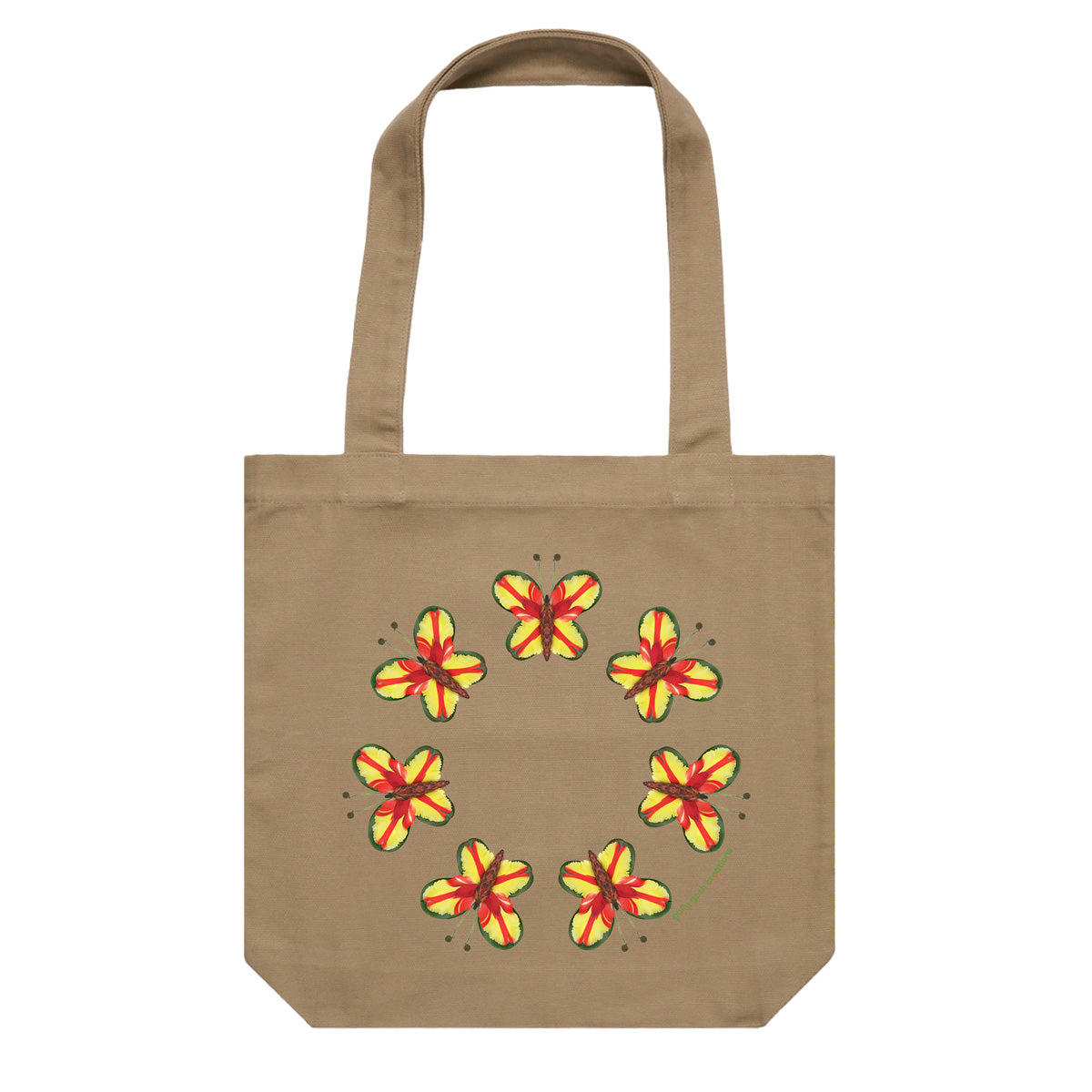 A pretty parrot butterflies cotton canvas tote bag from Golly Gosh Creations. Crafted from colourful leaves. Colour khaki.