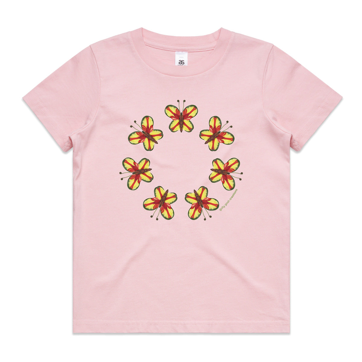 A parrot butterflies soft pink kids tee shirt from Golly Gosh Creations. Size 2 - 16 years. Created from vibrant fresh leaves. A quality cotton garment.