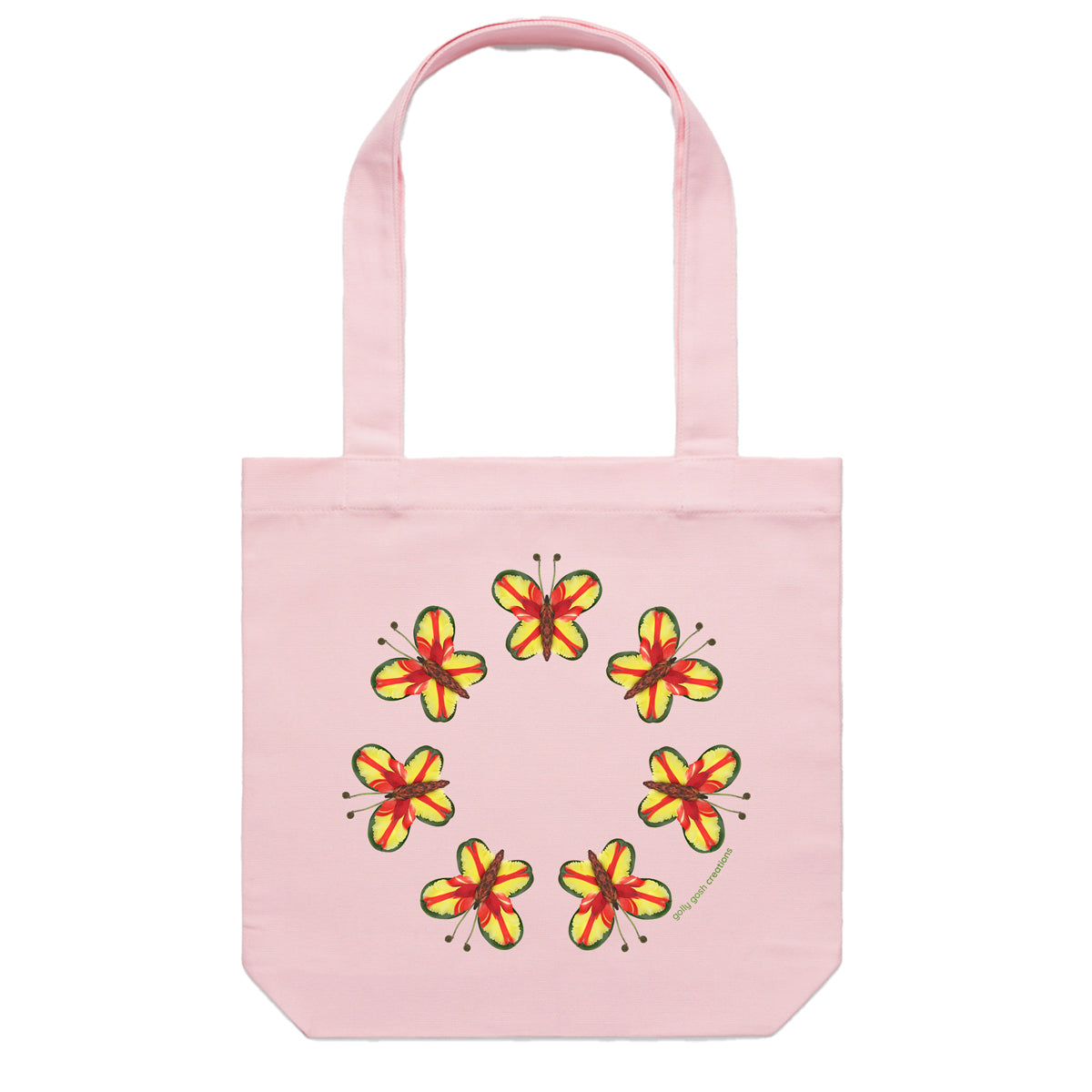 A pretty parrot butterflies cotton canvas tote bag from Golly Gosh Creations. Crafted from colourful leaves.Colour pink.