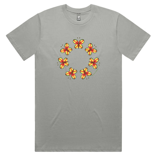 A parrot butterflies grey men's tee shirt from Golly Gosh Creations. Handcrafted from colourful leaves. Sizes XS - 2XL. Quality cotton.