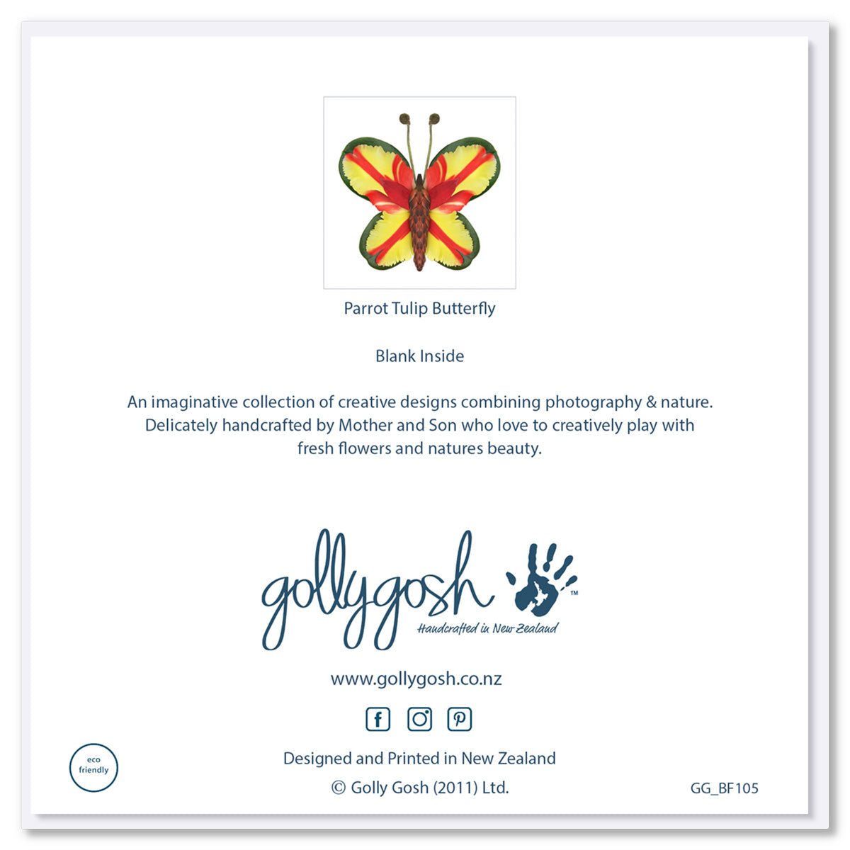 Back of Golly Gosh Parrot Tulip Butterfly greeting card displaying colorful floral butterfly design, blank inside note, description of handcrafted Mother and Son collection, branding, website and social details, and eco-friendly certification.