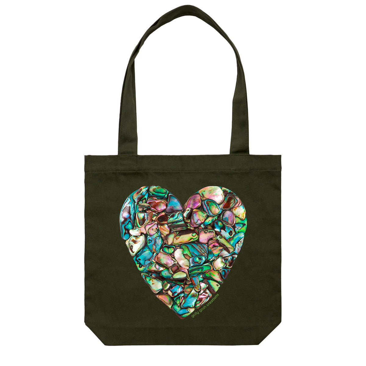 A paua heart cotton canvas tote bag from Golly Gosh Creations. Handcrafted from iridescent paua shells. Colour dark green.
