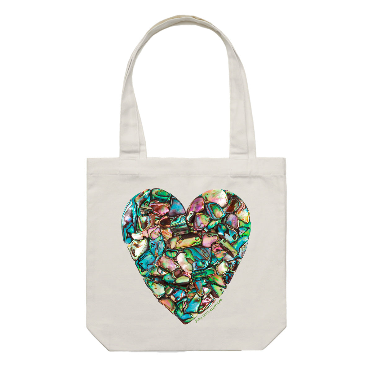 A paua heart cotton canvas tote bag from Golly Gosh Creations. Handcrafted from iridescent paua shells. Colour cream.
