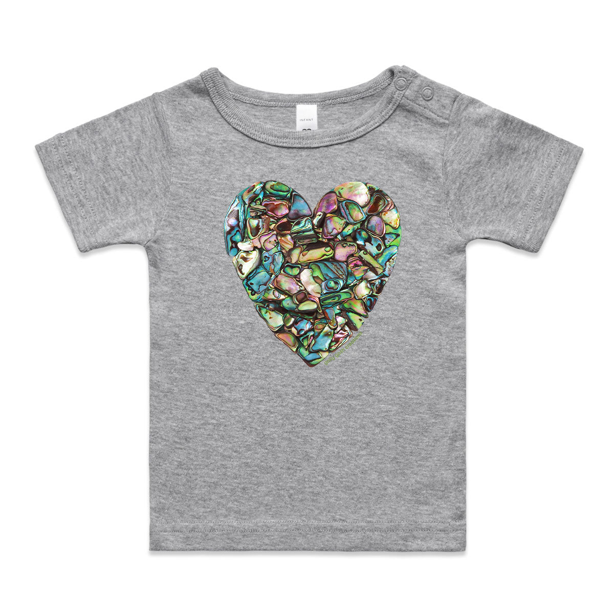 A paua heart wee tee from Golly Gosh Creations. This organic cotton garment comes in sizes 0 - 24 months. Colour grey. Crafted from shimmering paua shells.