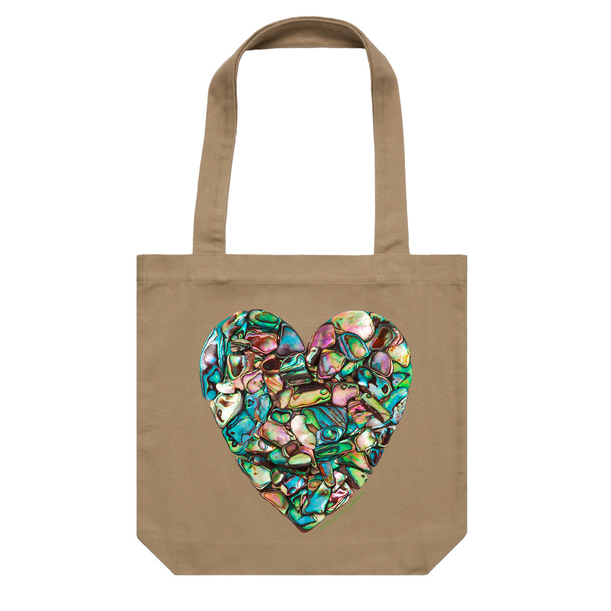 A paua heart cotton canvas tote bag from Golly Gosh Creations. Handcrafted from iridescent paua shells. Colour khaki.