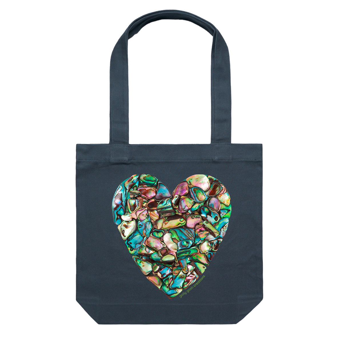 A paua heart cotton canvas tote bag from Golly Gosh Creations. Handcrafted from iridescent paua shells. Colour dark blue.