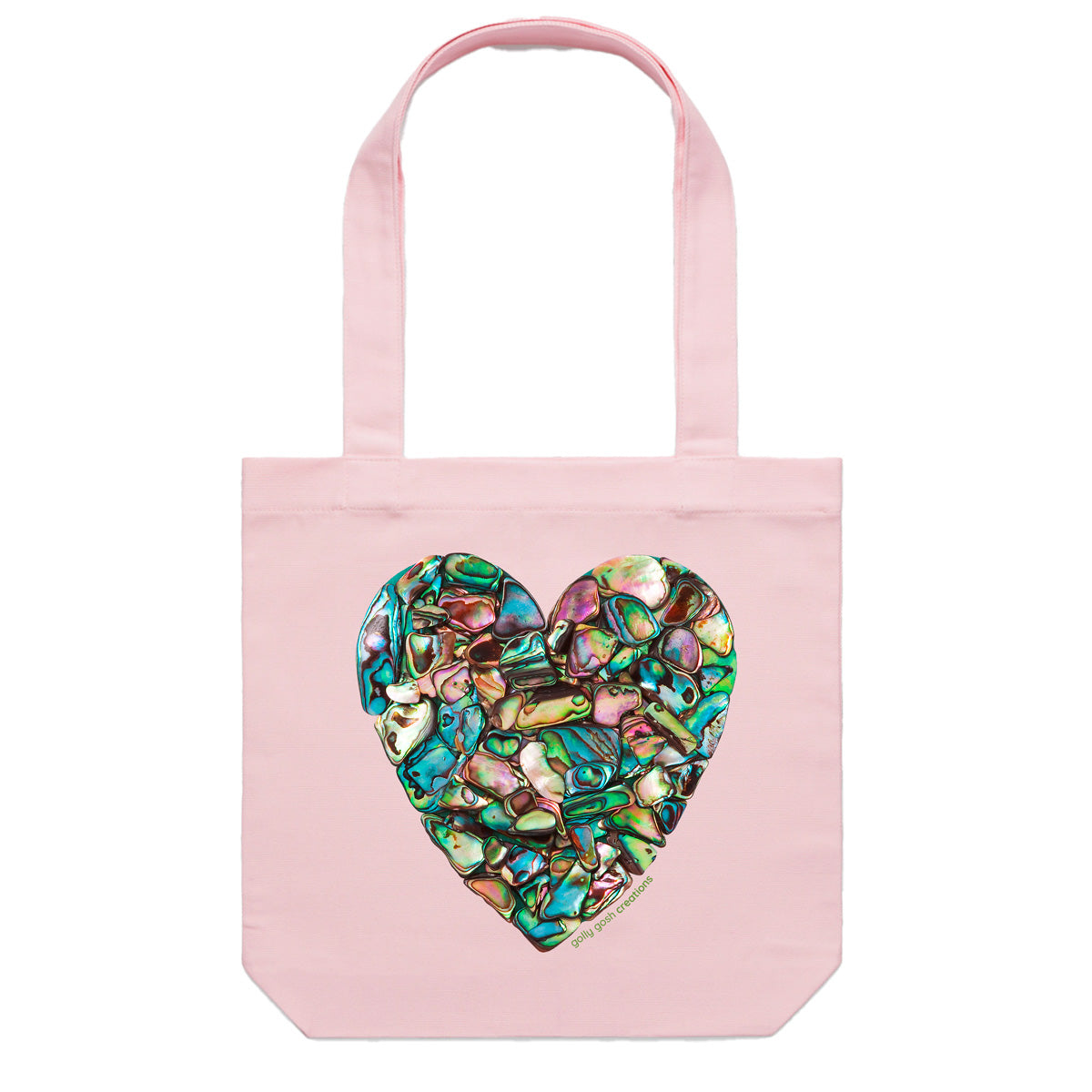 A paua heart cotton canvas tote bag from Golly Gosh Creations. Handcrafted from iridescent paua shells. Colour pink.