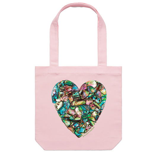 A paua heart cotton canvas tote bag from Golly Gosh Creations. Handcrafted from iridescent paua shells. Colour pink.
