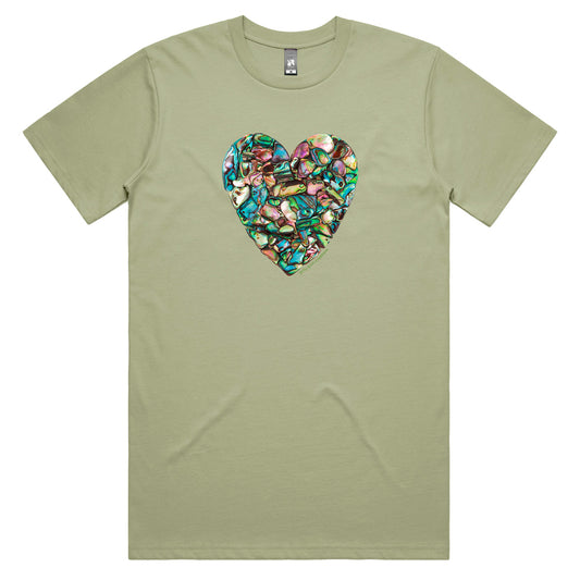 An paua heart men's tee shirt from Golly Gosh Creations. Crafted from iridescent paua shells. Sizes S - 5XL. A quality cotton pistachio coloured tee shirt.