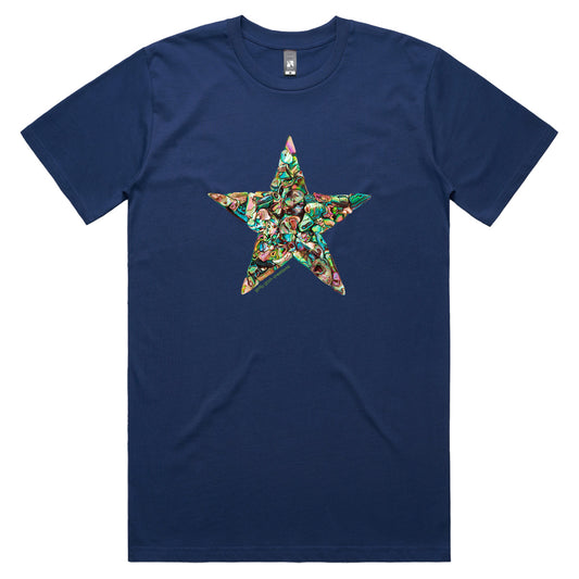 A paua star dark blue men's tee shirt from Golly Gosh Creations. Handcrafted from iridescent paua shells. Sizes XS - 2XL. Quality cotton.