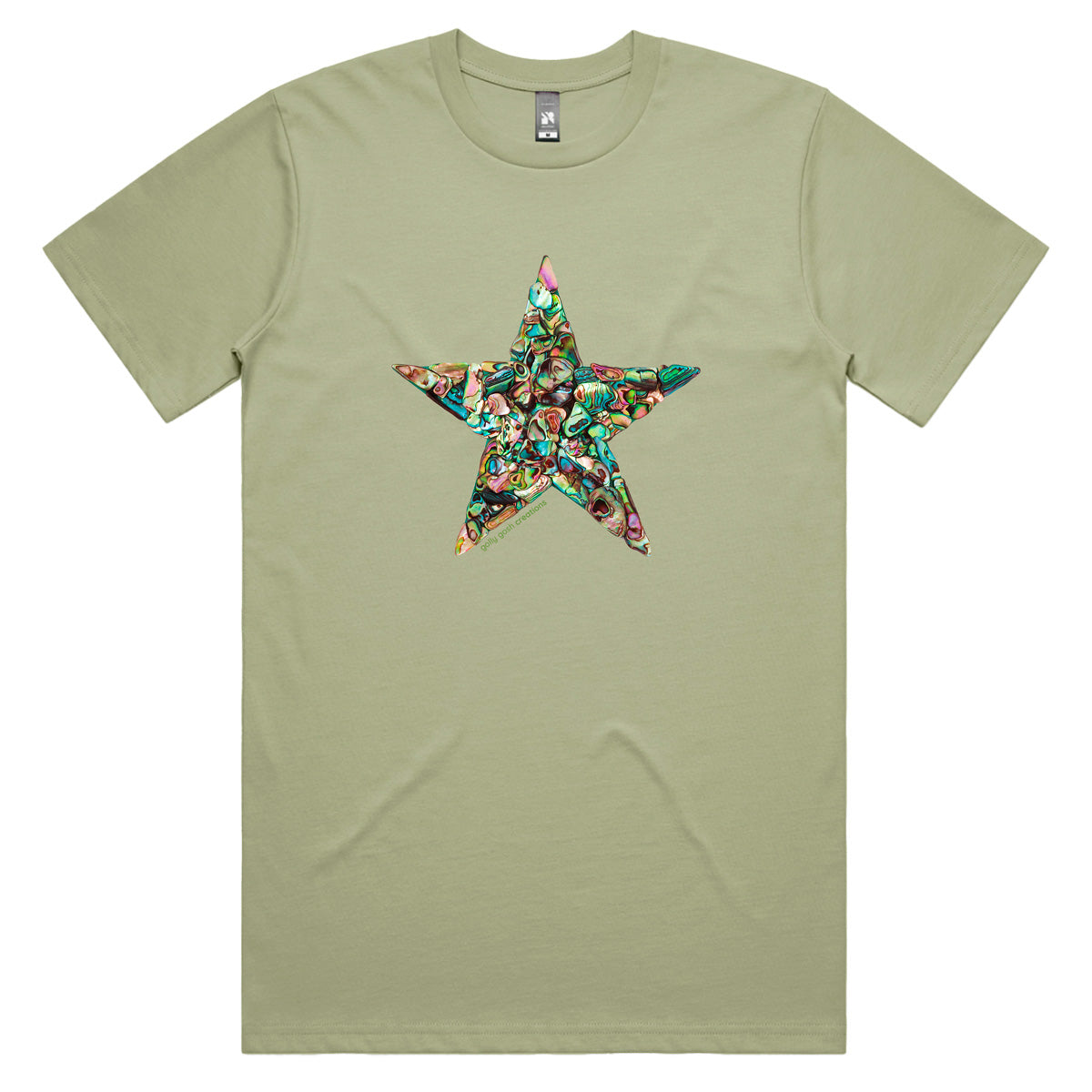 A paua star pistachio coloured men's tee shirt from Golly Gosh Creations. Handcrafted from iridescent paua shells. Sizes XS - 2XL. Quality cotton.