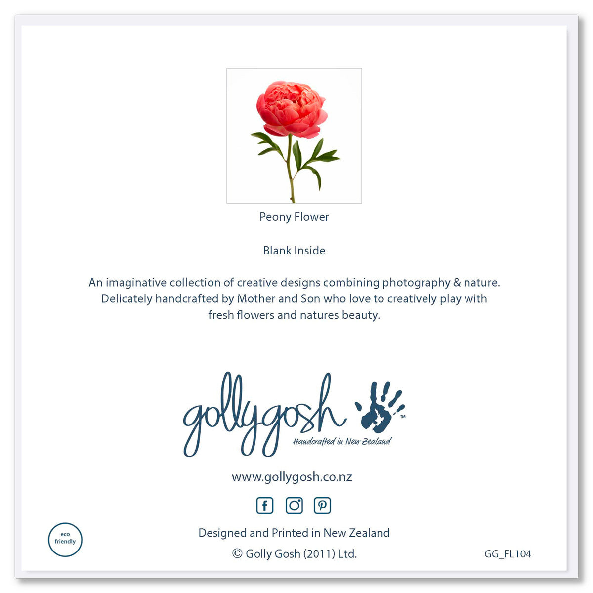 Back cover of a peony flower greeting card form Golly Gosh Creations. A generous square card with a vibrant coral peony flower.