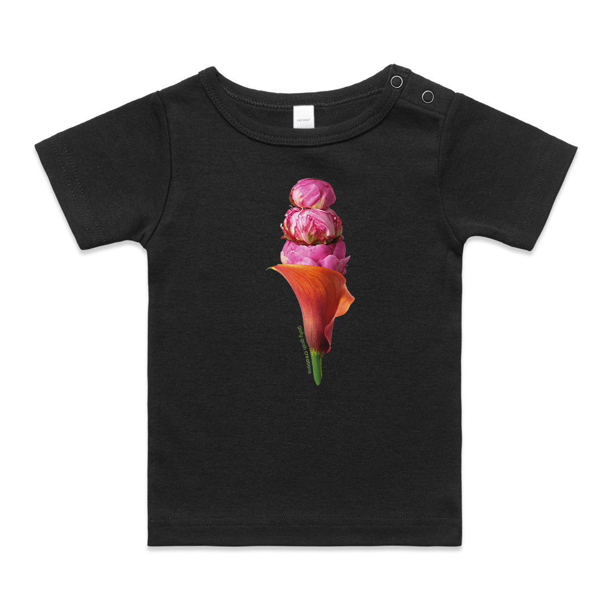 A peony ice cream wee tee from Golly Gosh Creations. This organic cotton garment comes in sizes 0 - 24 months. Colour black. Crafted from pretty fresh flowers.
