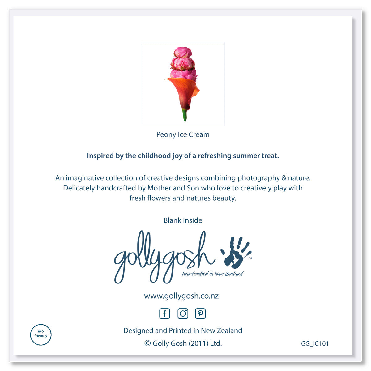 Back cover of a peony ice cream greeting card from Golly Gosh Creations. Size 142 x 142 mm. Created from pink peony heads with an orange lily cone.