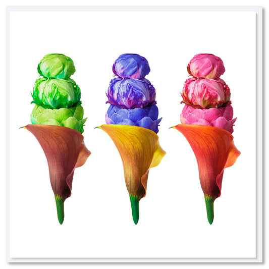 Three artistic floral arrangements resembling ice cream cones: stacked peony blooms in green, purple, and pink colours serving as scoops, each nestled in gradient-coloured calla lily flowers acting as cones.