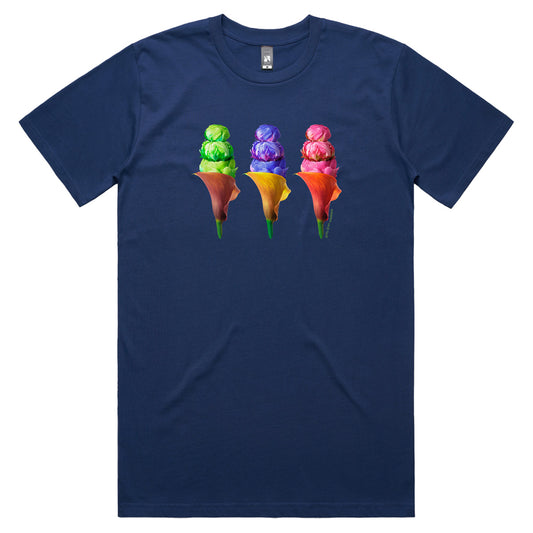 An peony ice creams men's tee shirt from Golly Gosh Creations. Crafted from colourful flowers. Sizes S - 5XL. A quality cotton dark blue tee shirt.