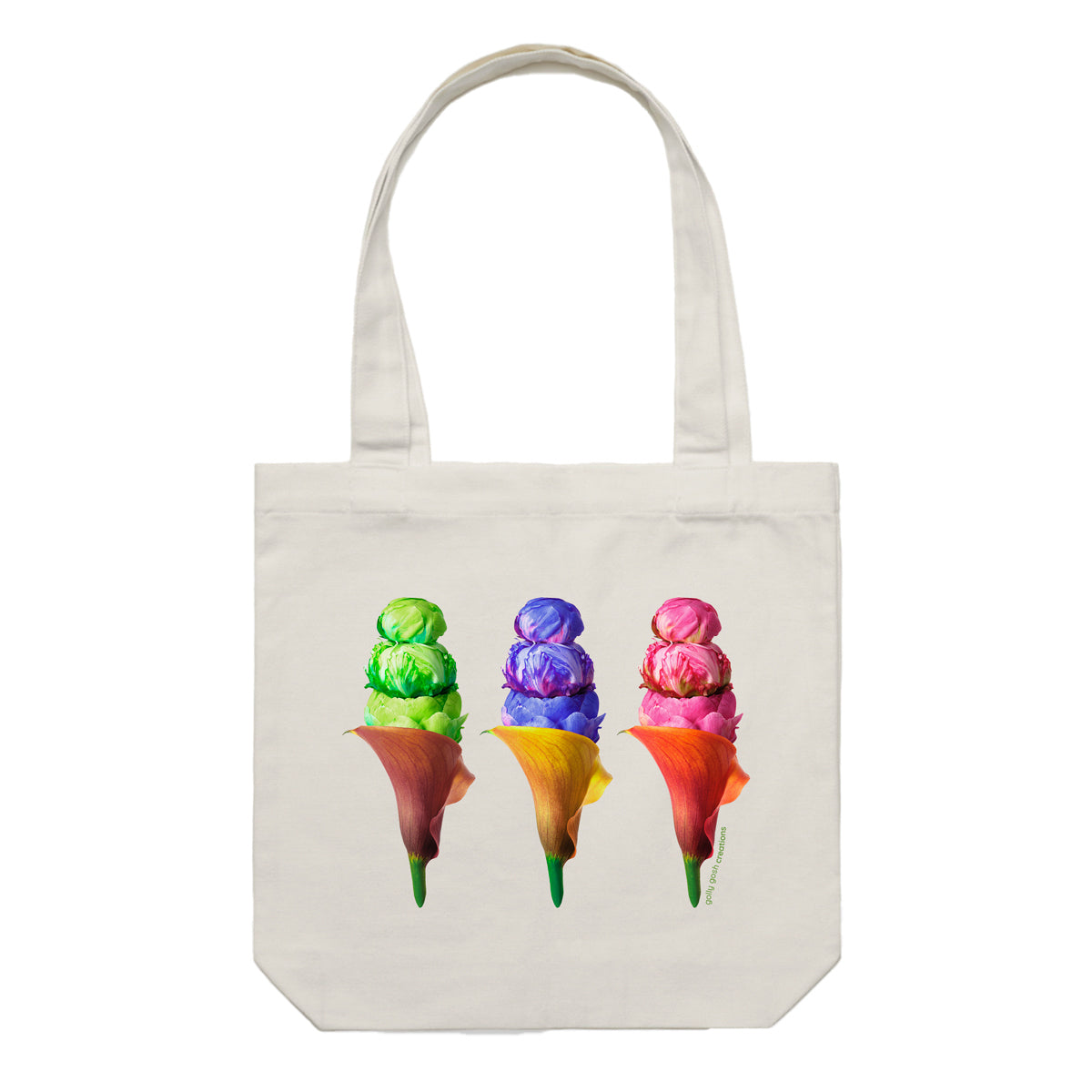 A peony ice creams cotton canvas tote bag from Golly Gosh Creations. Handcrafted from fresh flowers. Colour cream.