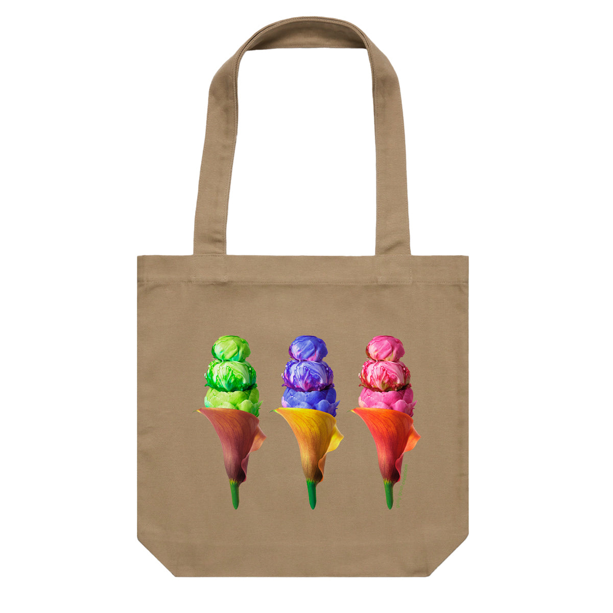 A peony ice creams cotton canvas tote bag from Golly Gosh Creations. Handcrafted from fresh flowers. Colour khaki.