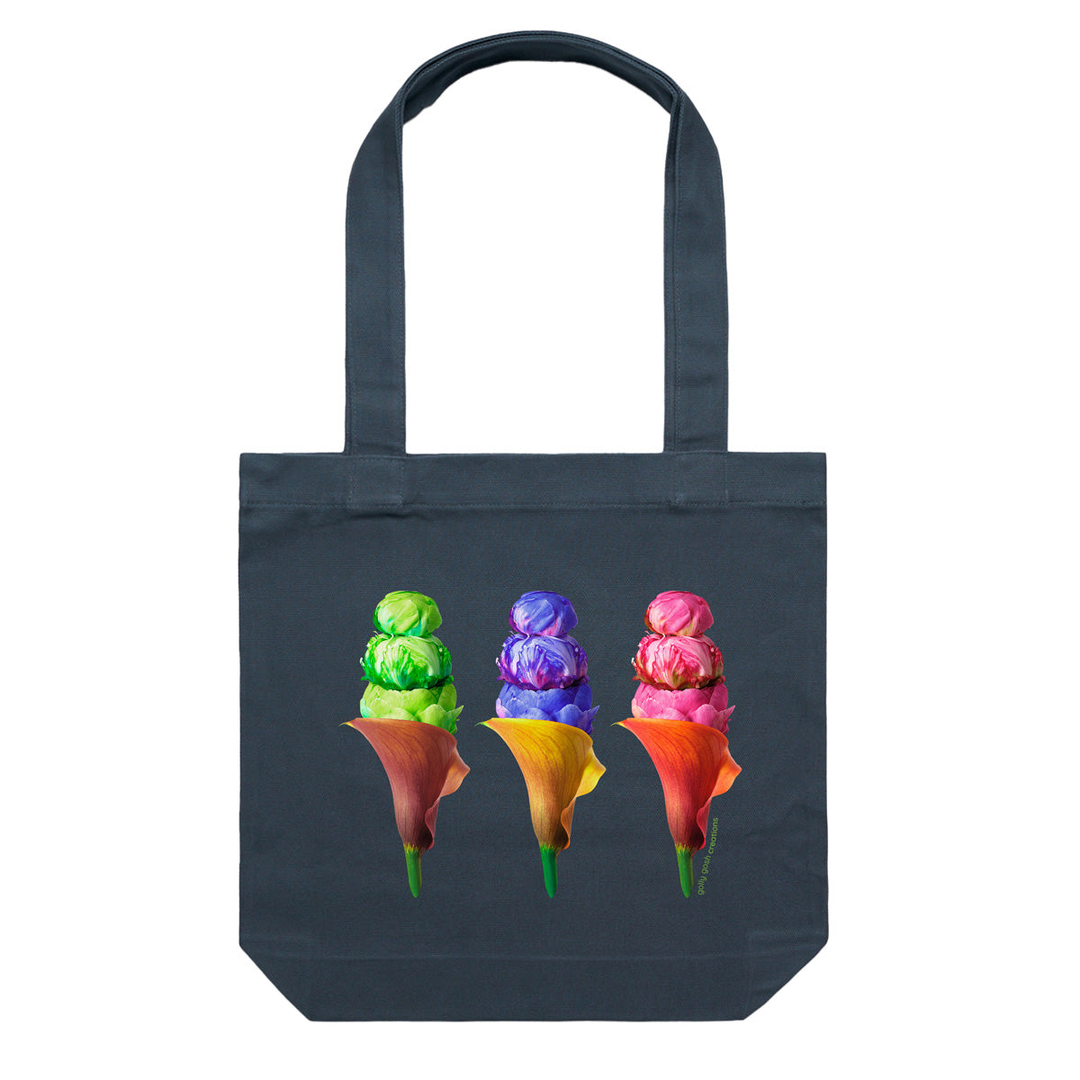 A peony ice creams cotton canvas tote bag from Golly Gosh Creations. Handcrafted from fresh flowers. Colour dark blue.