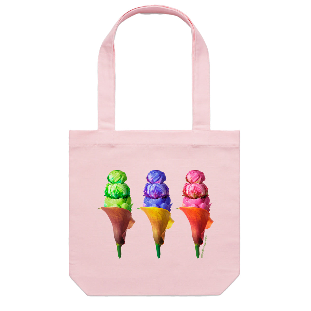 A peony ice creams cotton canvas tote bag from Golly Gosh Creations. Handcrafted from fresh flowers. Colour pink.
