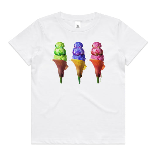 A peony ice creams white kids tee shirt from Golly Gosh Creations. Size 2 - 16 years. Created from colourful flowers. A quality cotton garment.